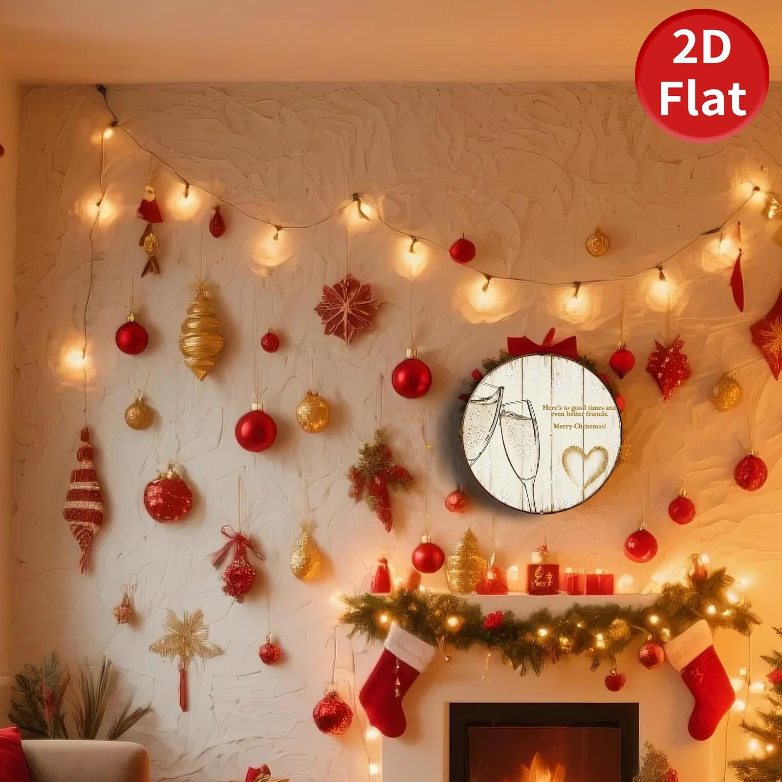 Metal Sign Merry Christmas Champagne Toast - Rustic Round Holiday Wall Decor, Friends Heart Gift