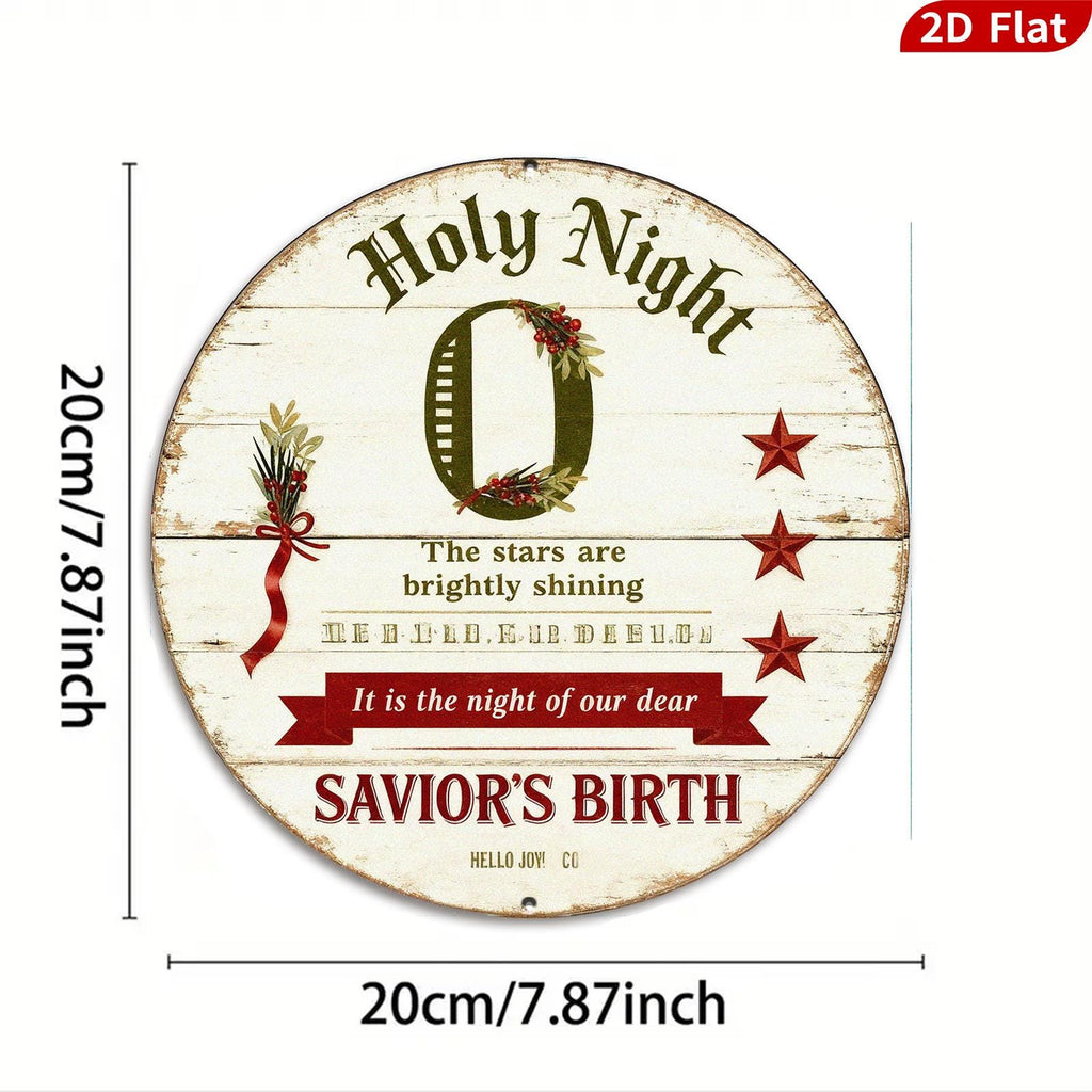 Metal Sign Holy Night - Savior's Birth Rustic Round Religious Christmas Wall Decor, Christian Gift