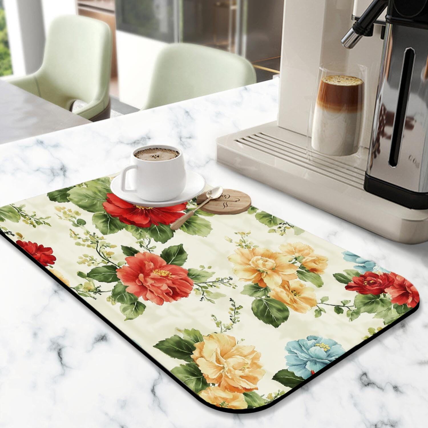 Floral Diatom Mud Kitchen Drying Mat, Super Absorbent (16x24 Inch)