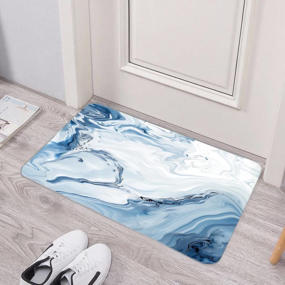 Blue Marble Floor Mat, Abstract Watercolor Absorbent Diatomite Rug