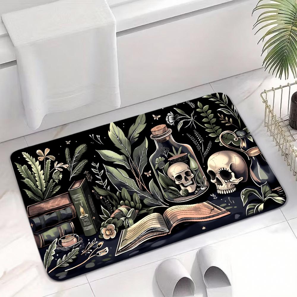 Gothic Skull Botanical Rug: Black Absorbent Diatomite Mat