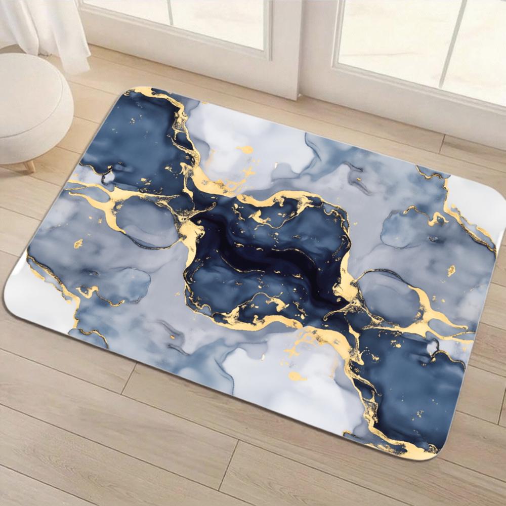 Navy Blue and Gold Marble Bath Mat, Absorbent Diatomite Rug