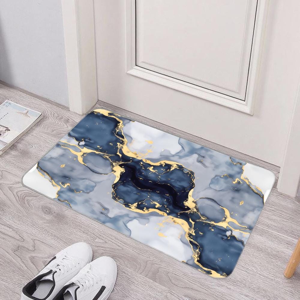 Navy Blue and Gold Marble Bath Mat, Absorbent Diatomite Rug
