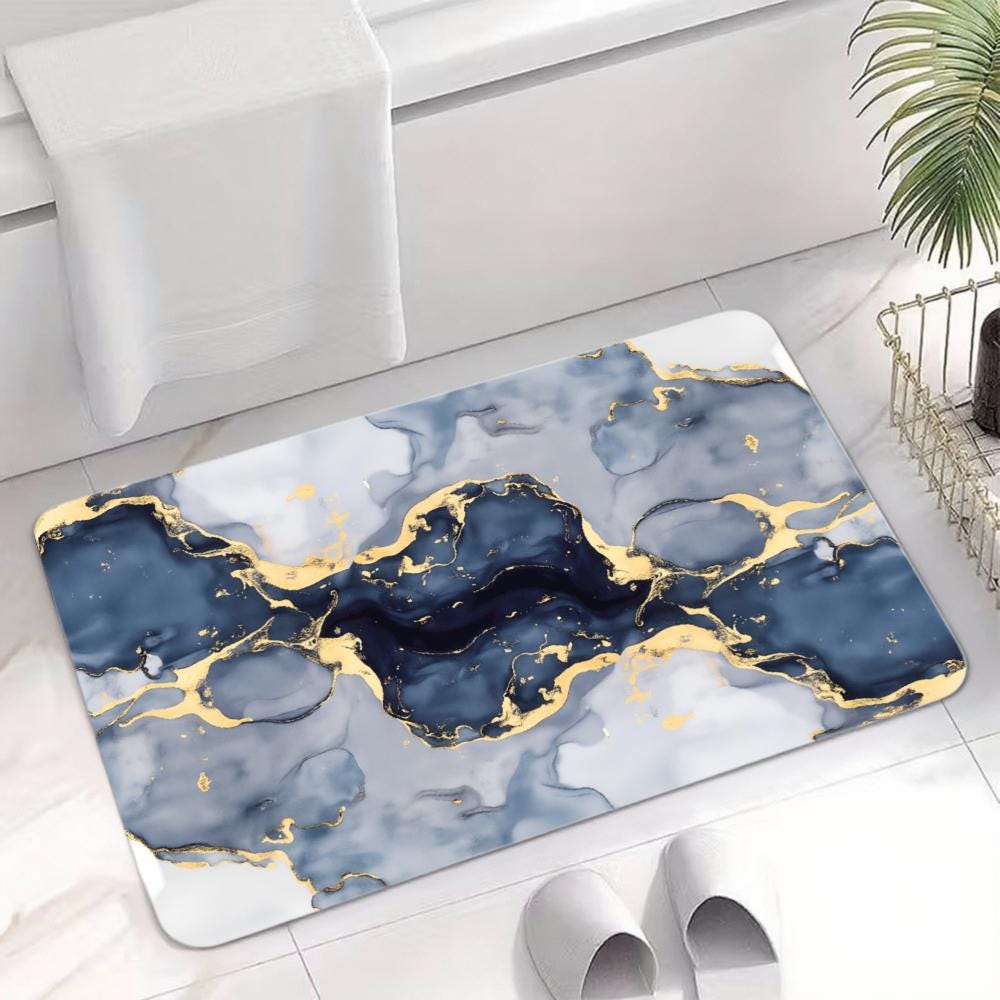 Navy Blue and Gold Marble Bath Mat, Absorbent Diatomite Rug