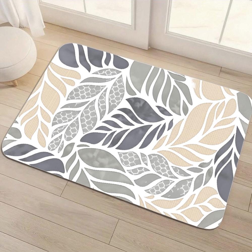 Leaf Pattern Diatomite Floor Mat: Beige and Gray, Non-Slip