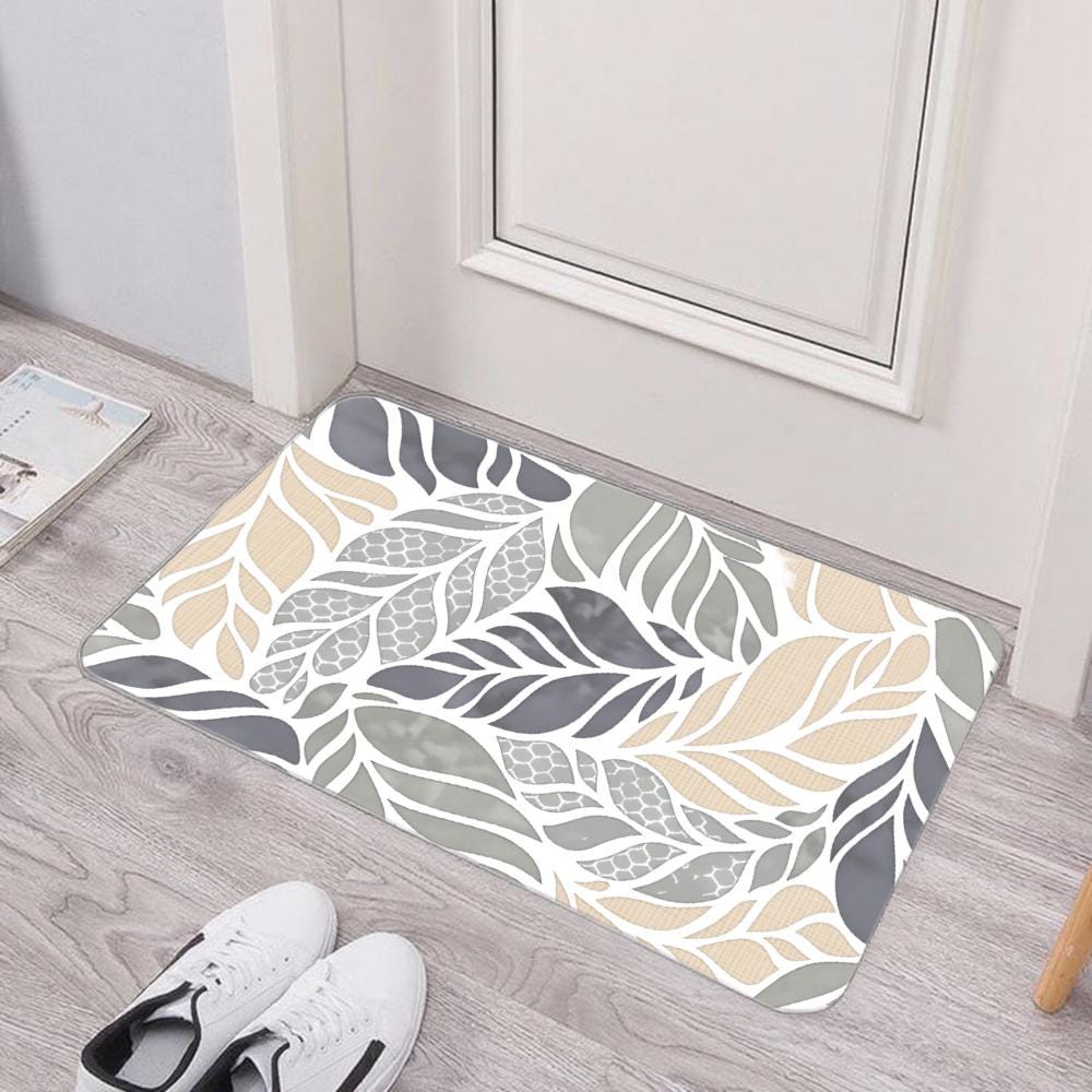 Leaf Pattern Diatomite Floor Mat: Beige and Gray, Non-Slip