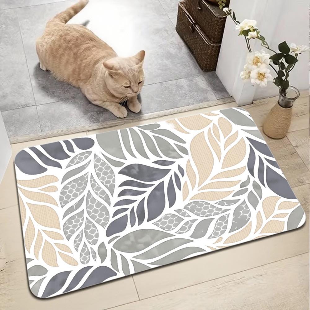 Leaf Pattern Diatomite Floor Mat: Beige and Gray, Non-Slip