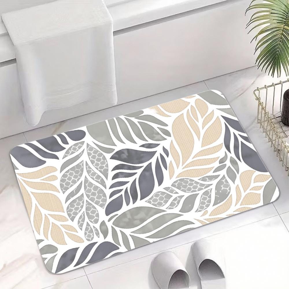 Leaf Pattern Diatomite Floor Mat: Beige and Gray, Non-Slip
