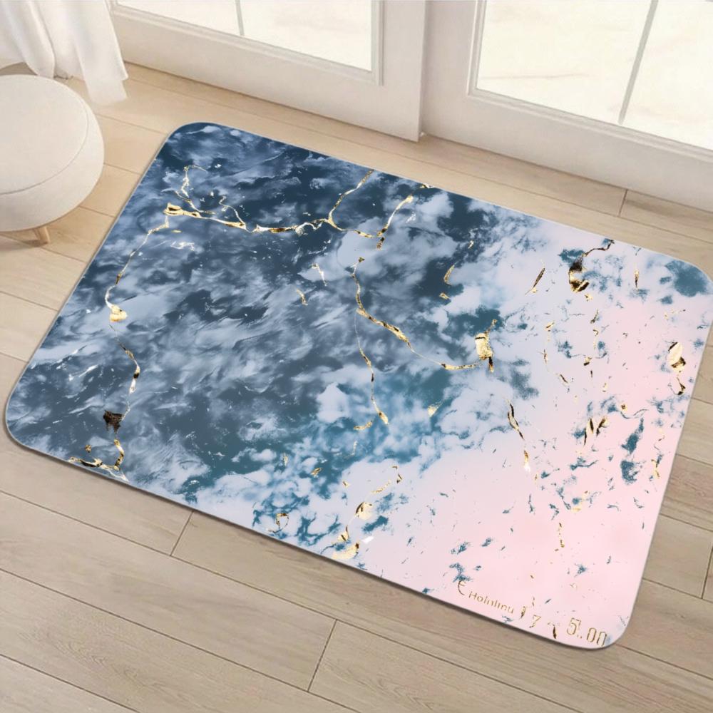 Blue and Pink Marble Bath Mat with Gold Accent - Non-Slip Diatomite Rug