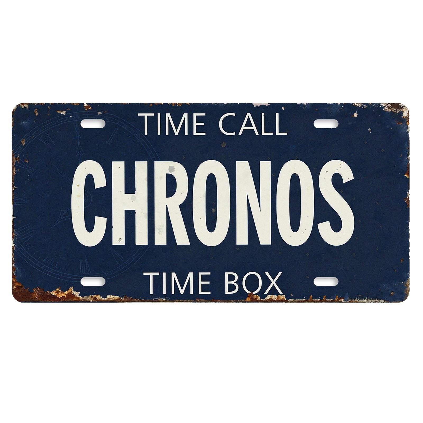 Vintage Style "Chronos" License Plate, Navy Blue Metal Sign