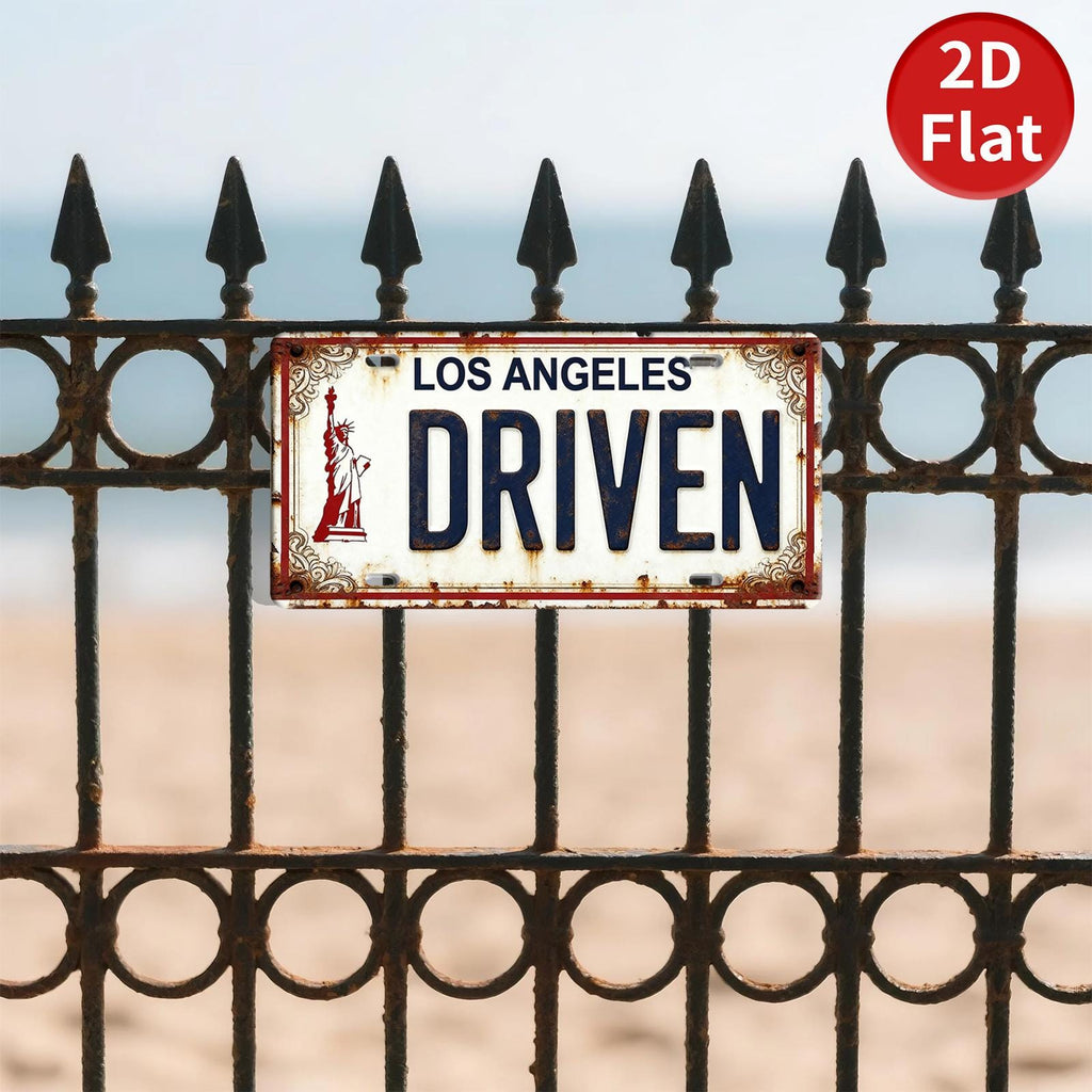 Rustic Metal License Plate Sign: Los Angeles, Statue of Liberty Wall Art