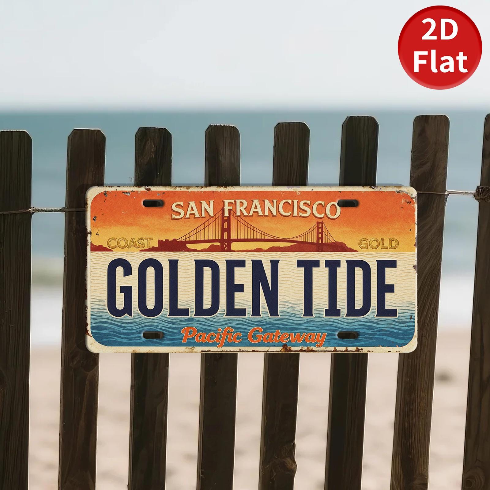 Vintage San Francisco License Plate Sign: Golden Tide, Golden Gate Bridge Art