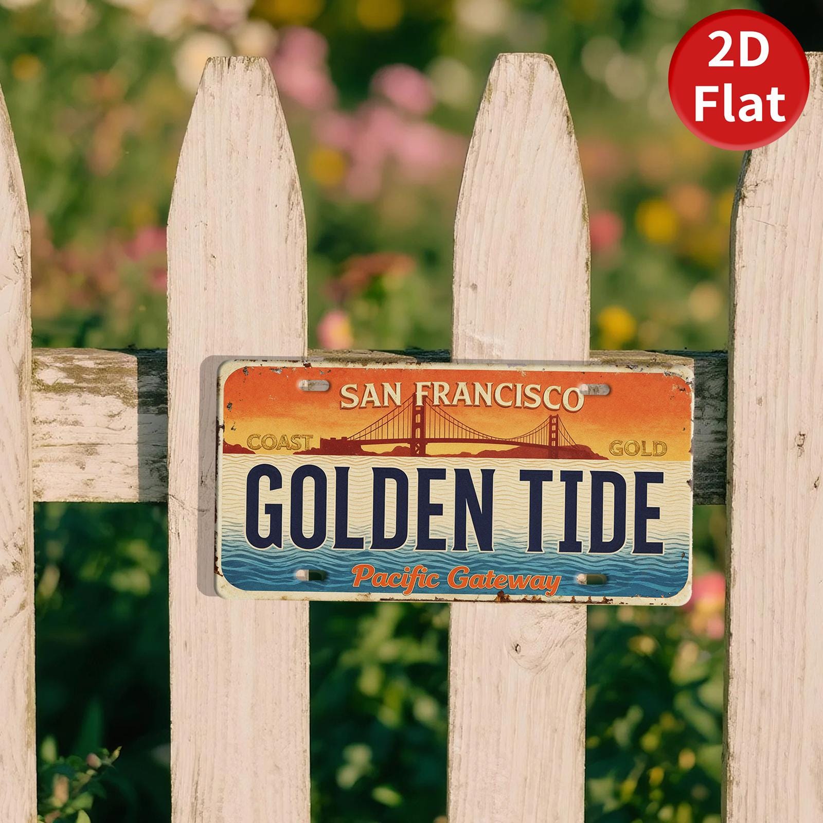 Vintage San Francisco License Plate Sign: Golden Tide, Golden Gate Bridge Art