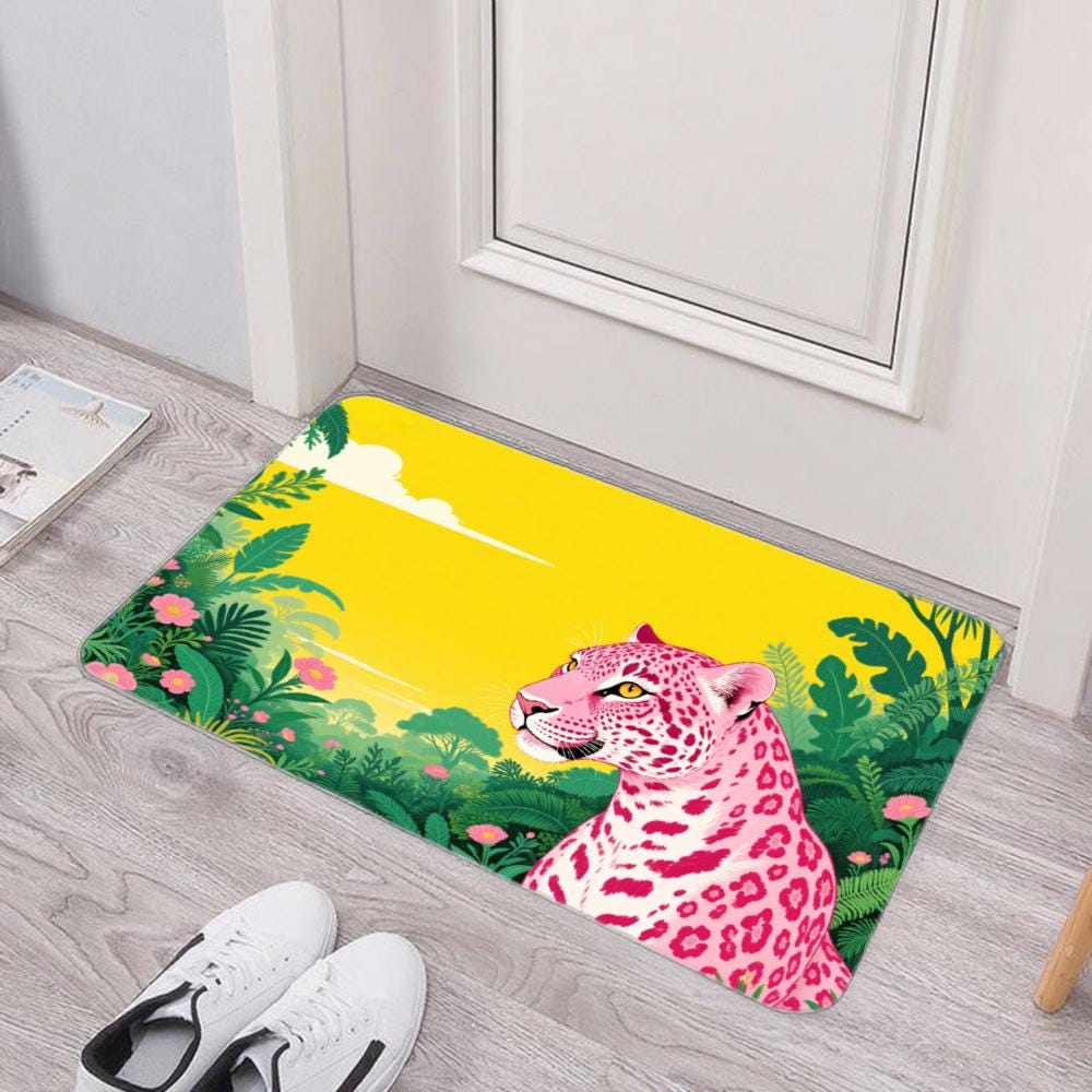 Pink Leopard Jungle Door Mat | Tropical Floral Non-Slip Rug