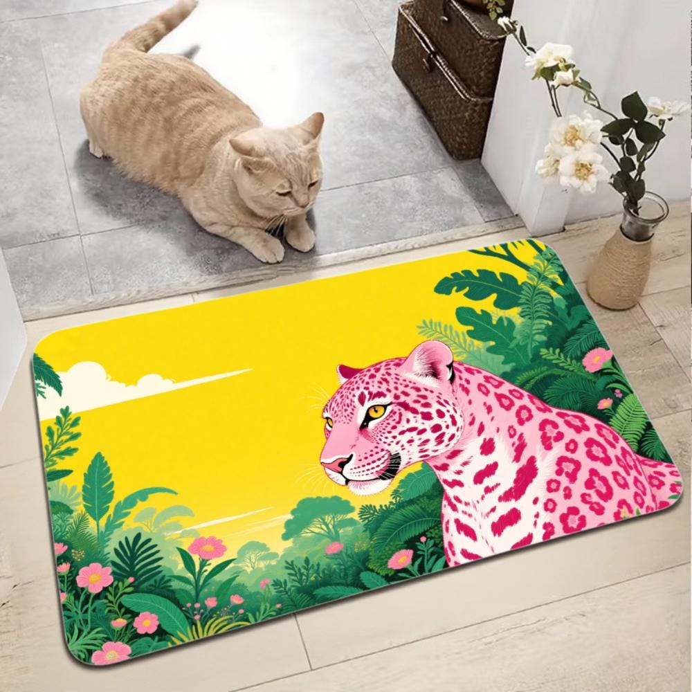 Pink Leopard Jungle Door Mat | Tropical Floral Non-Slip Rug