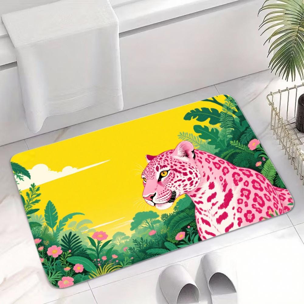 Pink Leopard Jungle Door Mat | Tropical Floral Non-Slip Rug