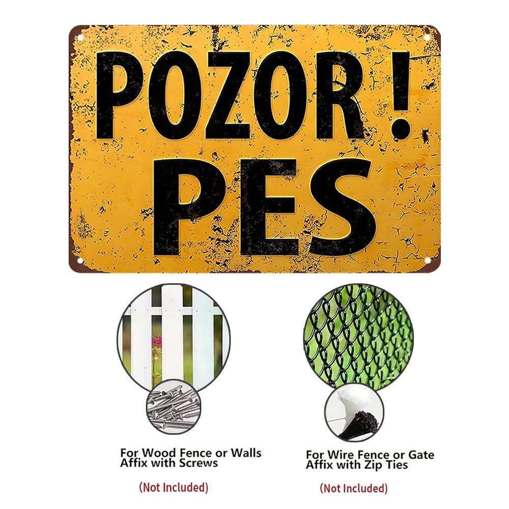 Panneau vintage POZOR PES Chien | Panneau d'avertissement rustique en métal, panneau métallique de décoration de jardin