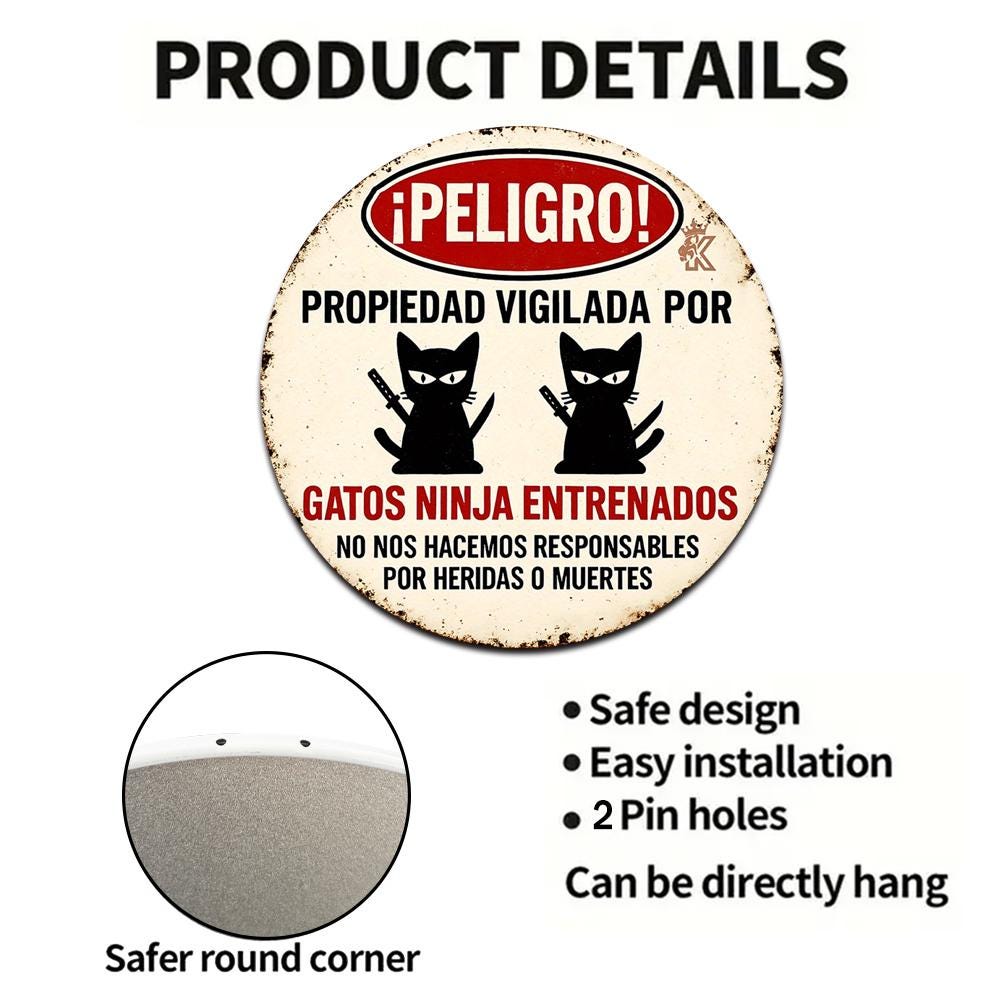 Funny Ninja Cat Warning Sign: Novelty Metal Tin Home Security Decor