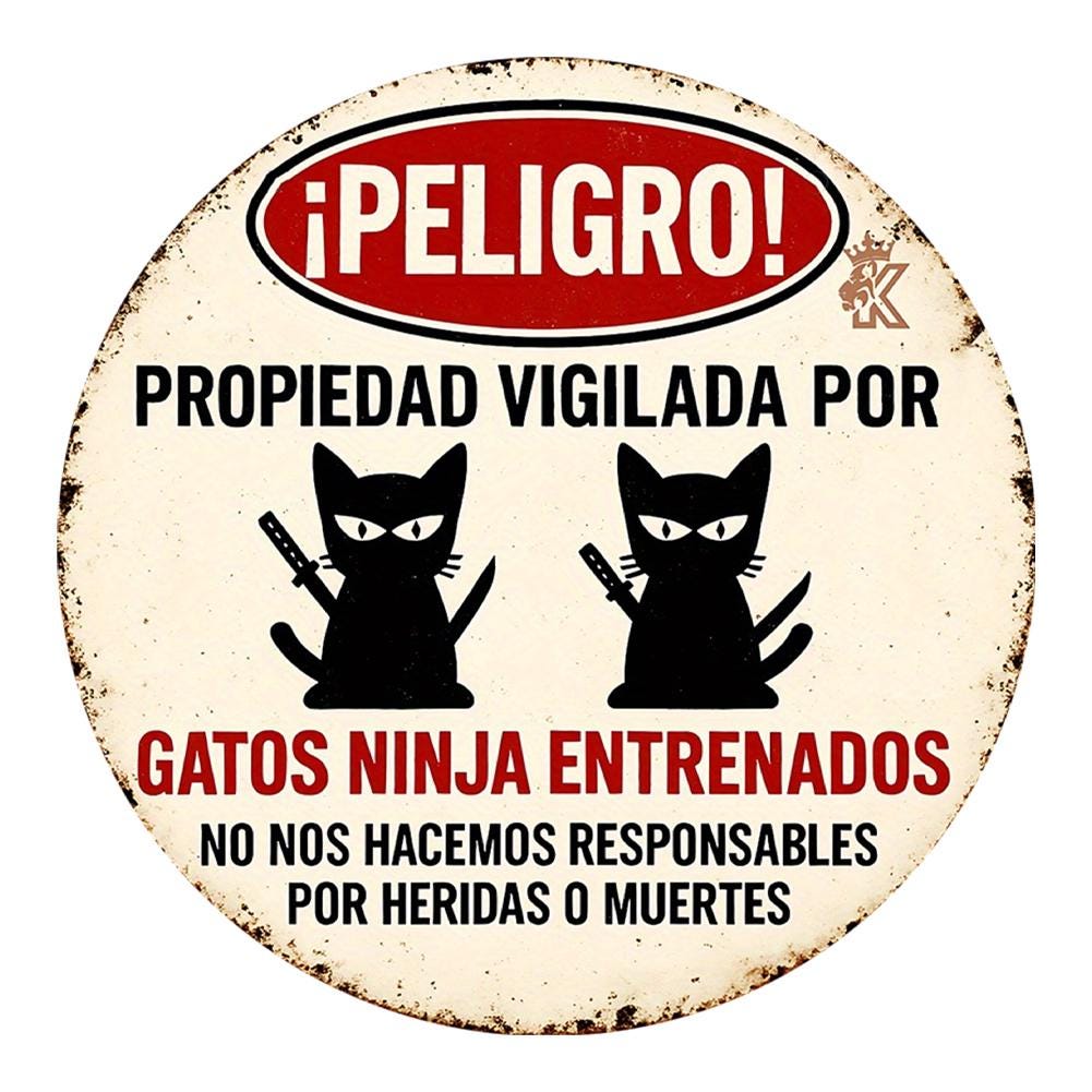 Lustiges Ninja-Katze-Warnschild | Neuheit Metall Blech Zuhause Sicherheit Deko Metallschild