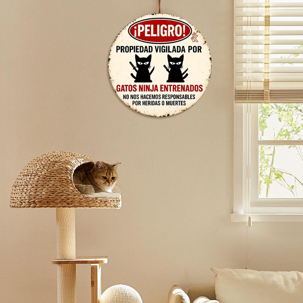 Funny Ninja Cat Warning Sign: Novelty Metal Tin Home Security Decor