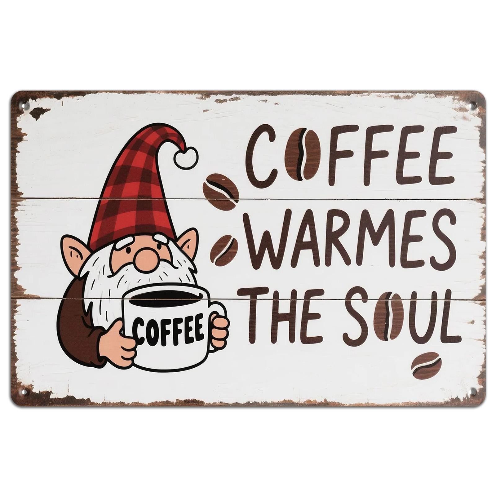 Vintage Gnome Coffee Metal Sign: Rustic Farmhouse Kitchen Decor