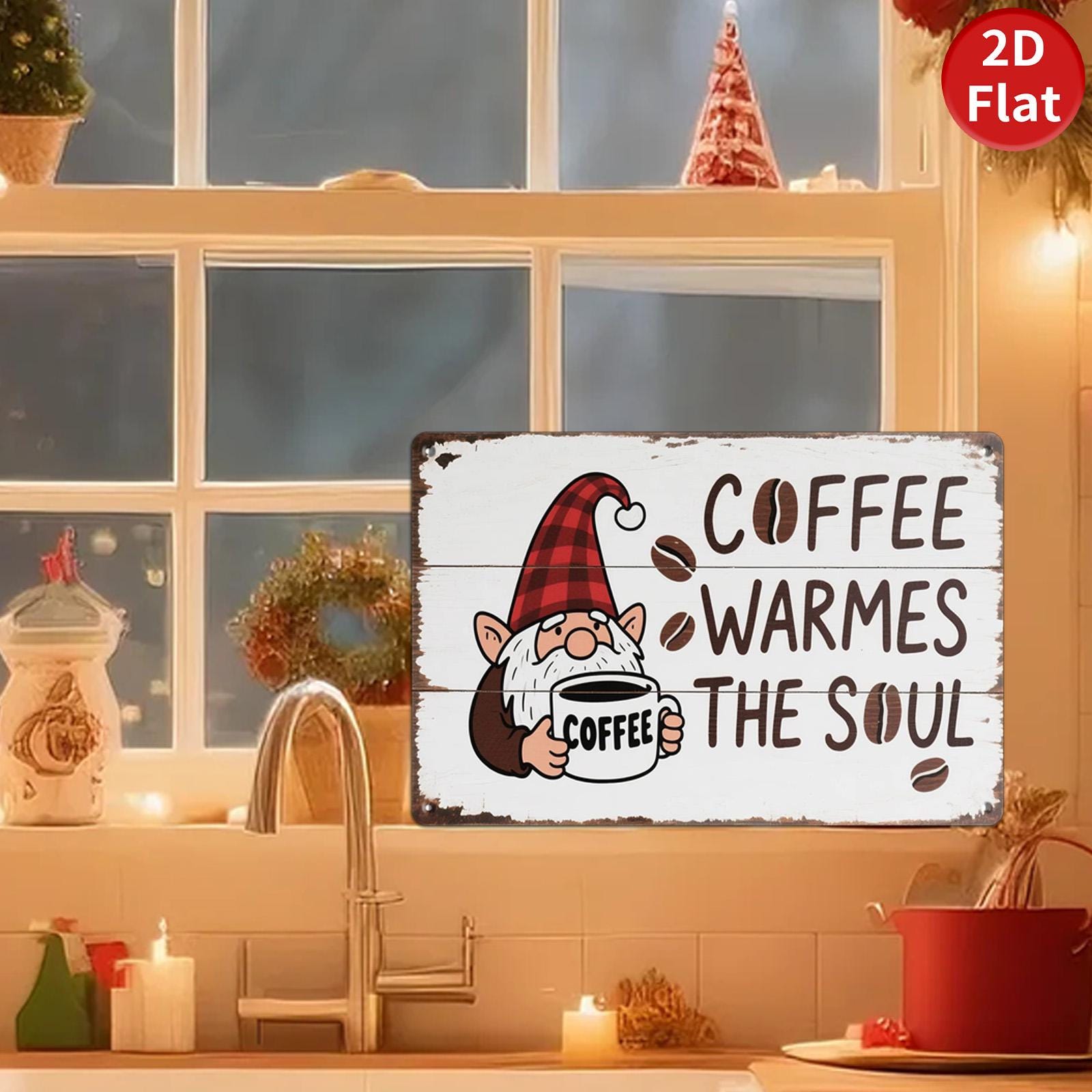 Vintage Gnome Coffee Metal Sign: Rustic Farmhouse Kitchen Decor