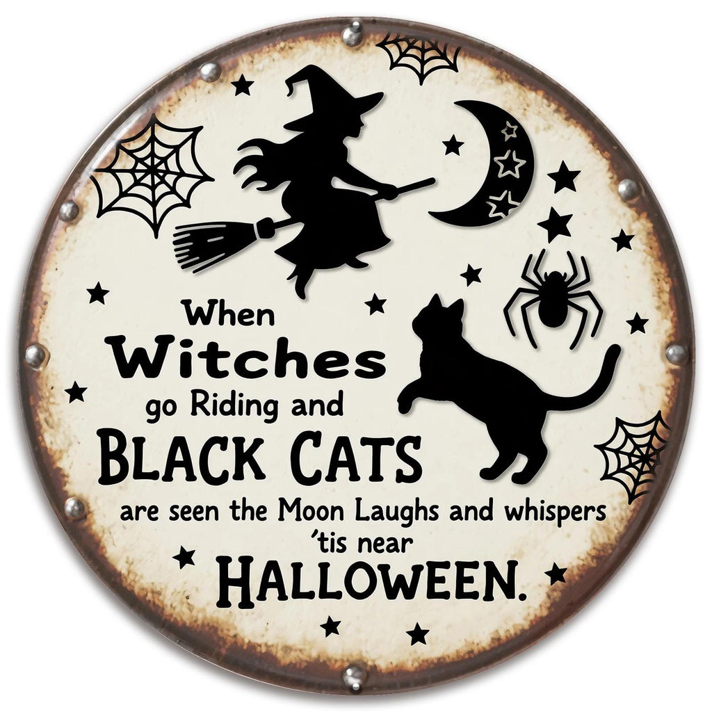Pancarte métallique vintage d'Halloween | Décoration murale rustique Sorcière et chat