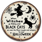 Pancarte métallique vintage d'Halloween | Décoration murale rustique Sorcière et chat