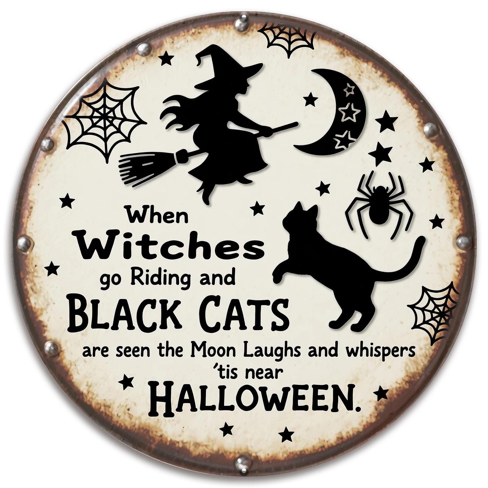 Vintage Halloween Metal Sign: Witch & Cat Rustic Wall Decor