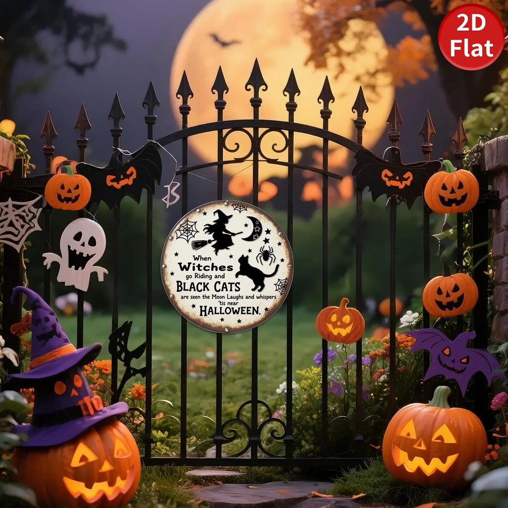 Pancarte métallique vintage d'Halloween | Décoration murale rustique Sorcière et chat