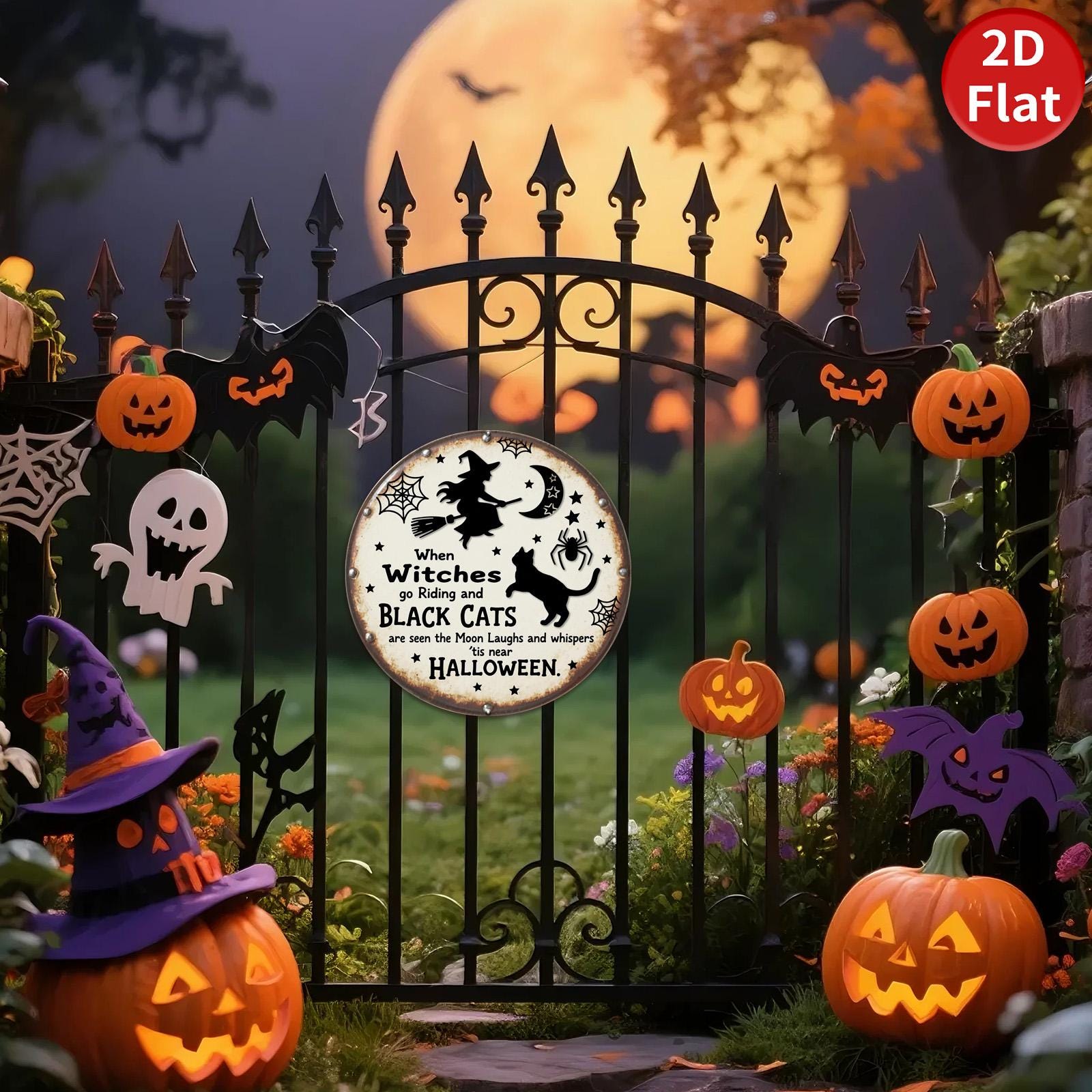 Vintage Halloween Metal Sign: Witch & Cat Rustic Wall Decor
