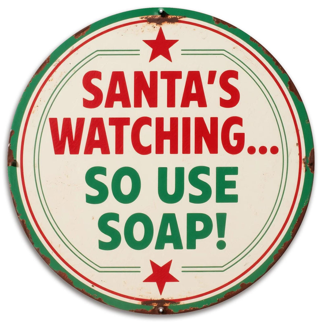 Santa Soap Metal Sign: Retro Christmas Bathroom Decor (8x8 inch)