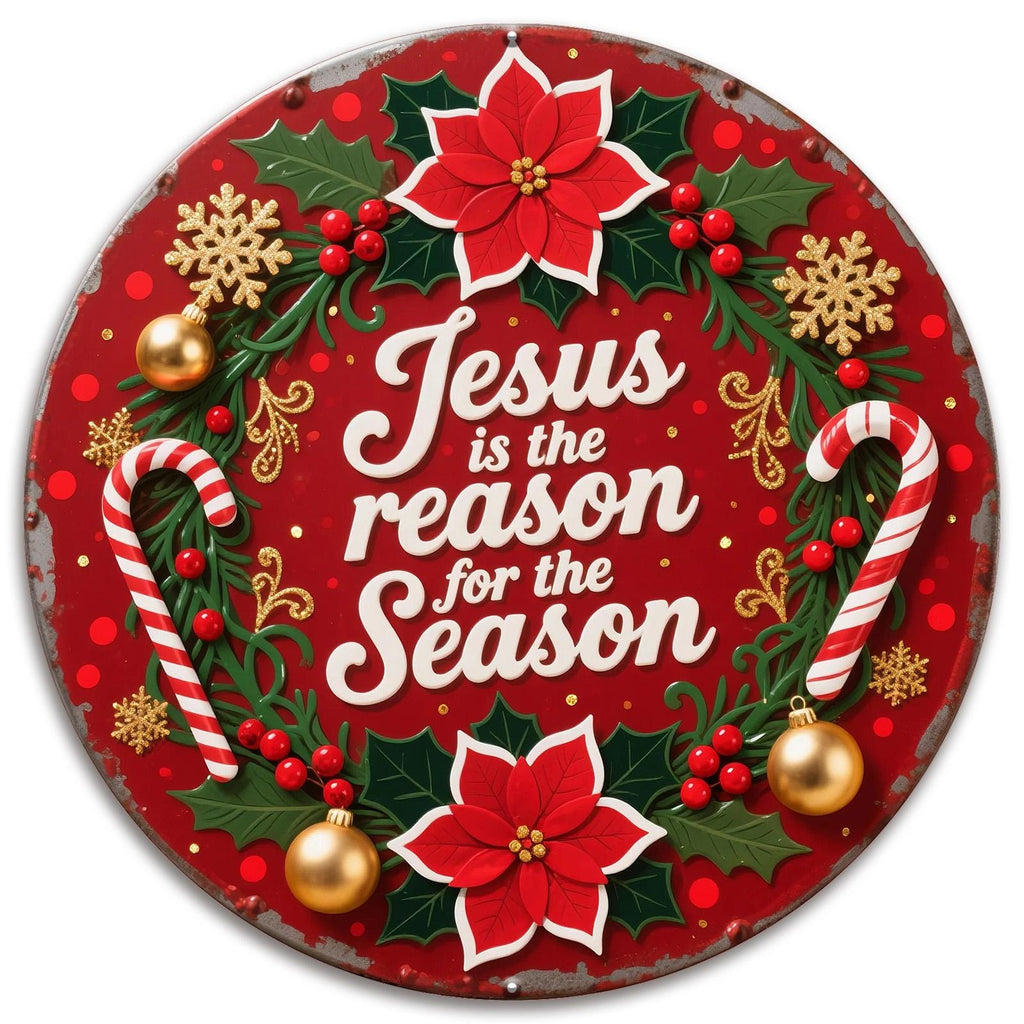 Religious Christmas Ornament: Jesus, Poinsettia & Candy Cane Design