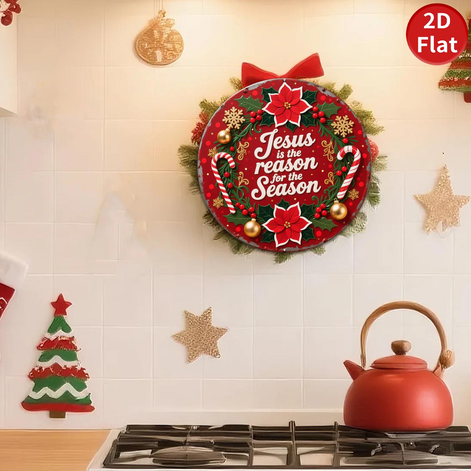 Religious Christmas Ornament: Jesus, Poinsettia & Candy Cane Design