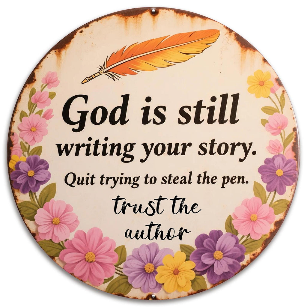 Inspirational Metal Sign: Floral Feather Design, Motivational Quote, 8x8