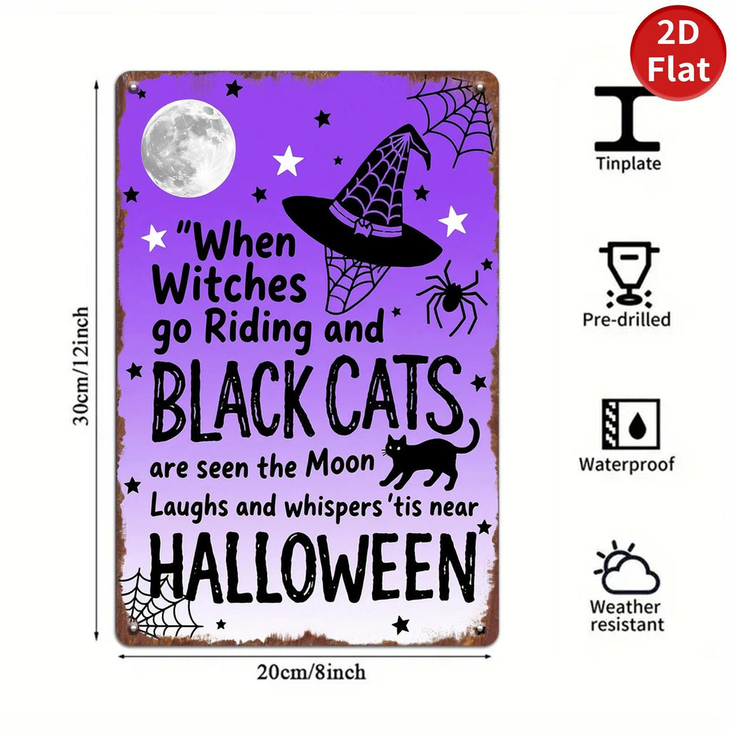 Pancarte murale d'Halloween vintage en métal | Sorcières, chats et lune | Décoration effrayante