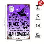 Pancarte murale d'Halloween vintage en métal | Sorcières, chats et lune | Décoration effrayante