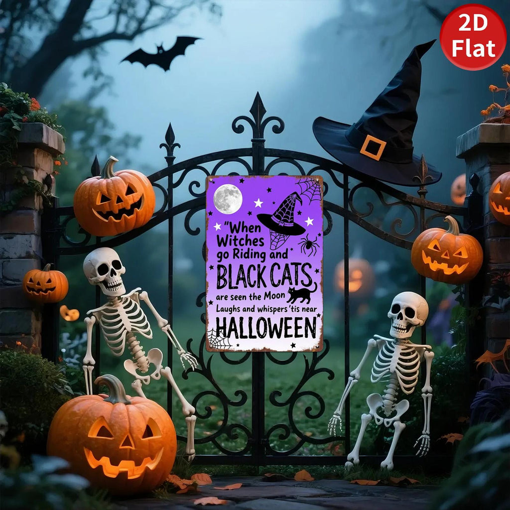 Pancarte murale d'Halloween vintage en métal | Sorcières, chats et lune | Décoration effrayante