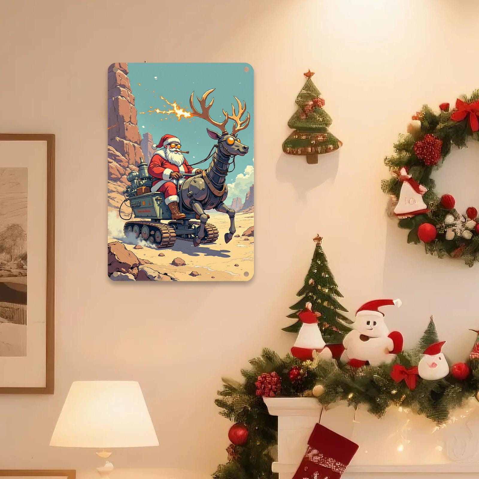 Steampunk Santa Metal Sign: Vintage Christmas Garage Decor