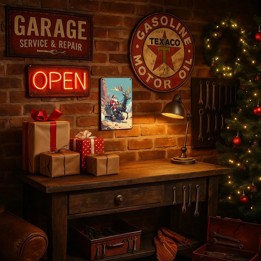 Steampunk Santa Metal Sign: Vintage Christmas Garage Decor