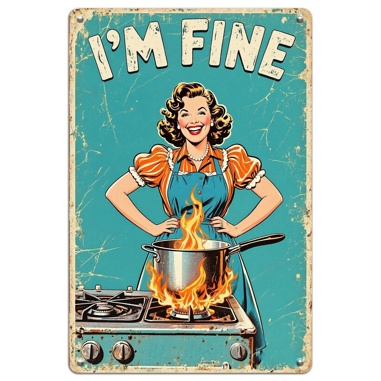 Vintage Metal Sign: Humorous Kitchen Art - I'M FINE Woman Cooking