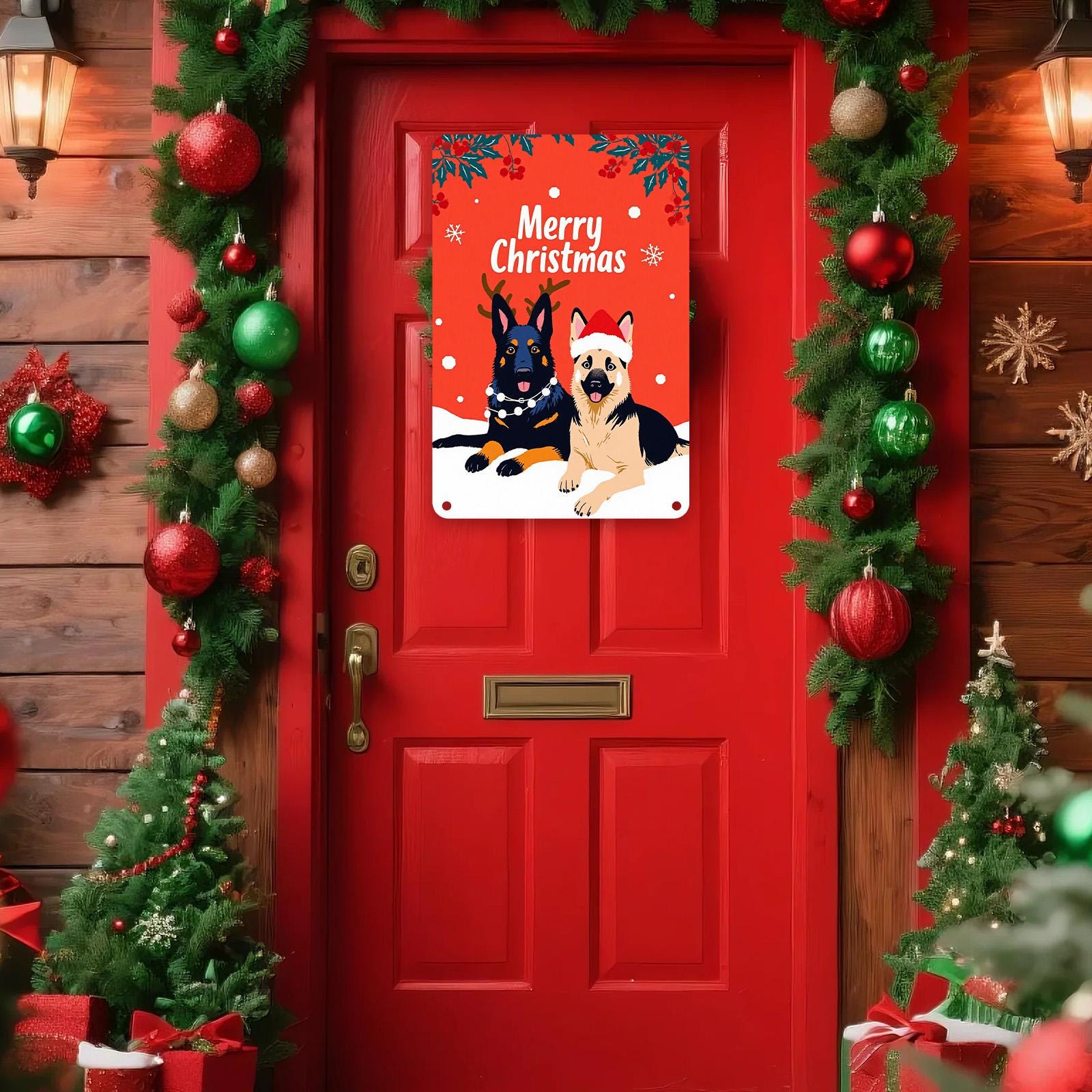 German Shepherd Christmas Metal Sign: Rustic Holiday Dog Decor