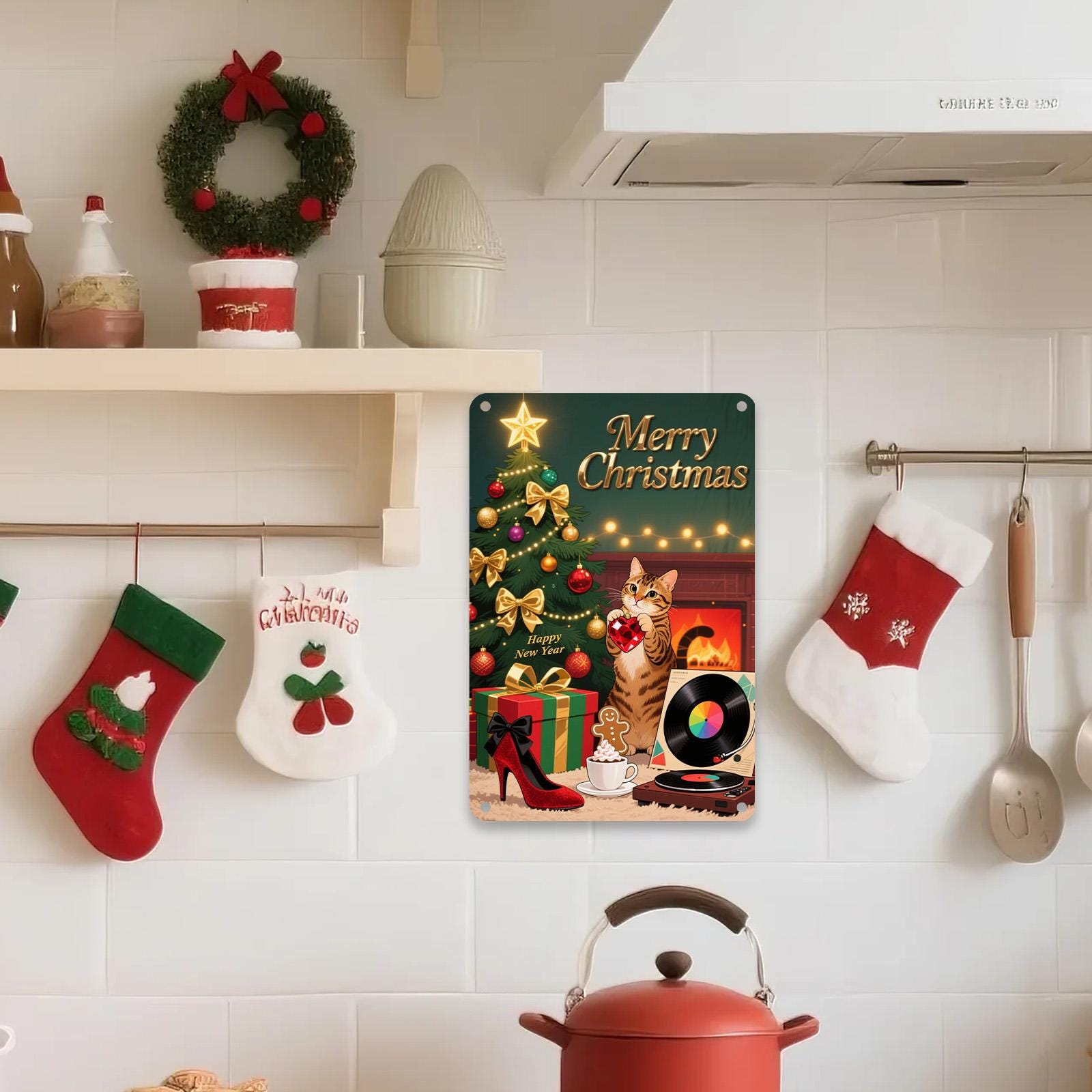 Christmas Cat Metal Sign: Vintage Holiday Fireplace Decor
