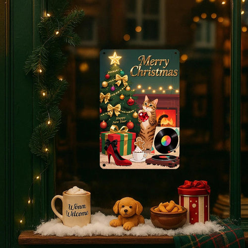 Christmas Cat Metal Sign: Vintage Holiday Fireplace Decor