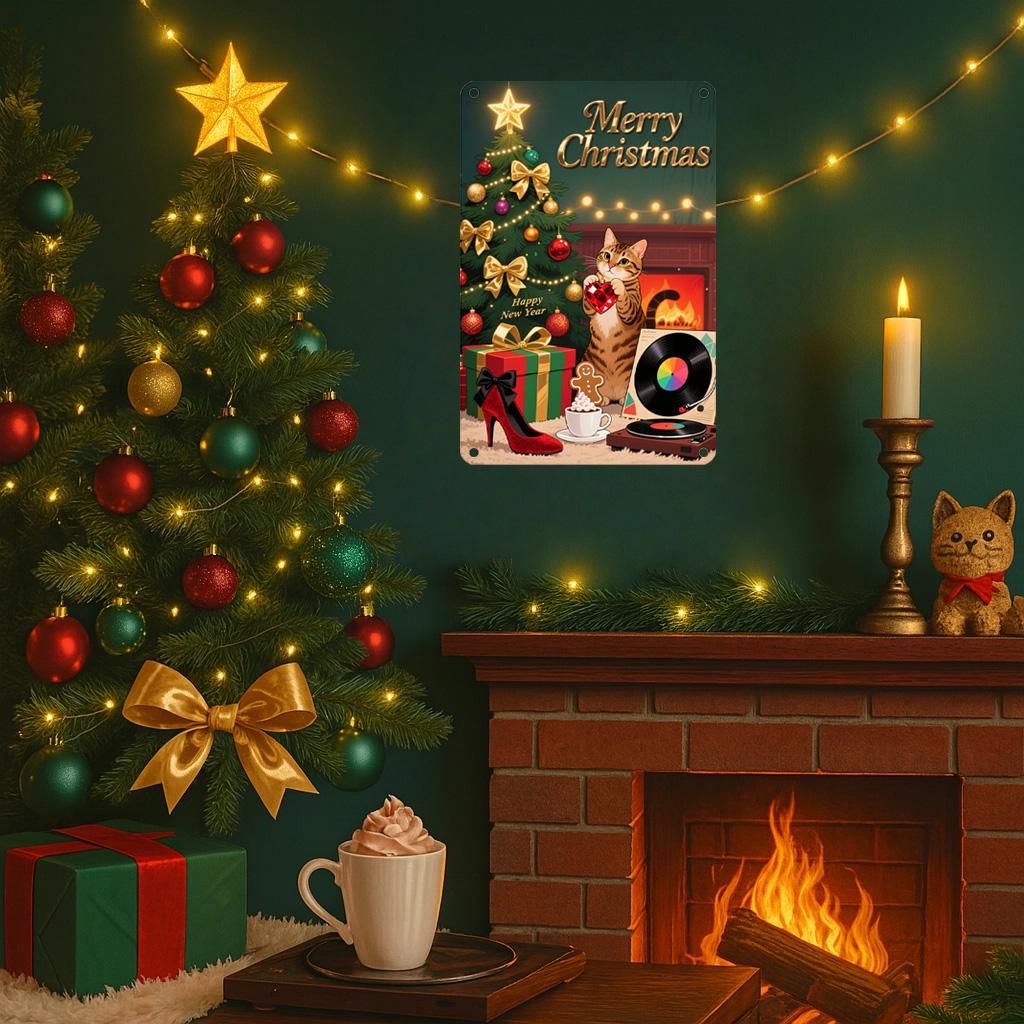 Christmas Cat Metal Sign: Vintage Holiday Fireplace Decor