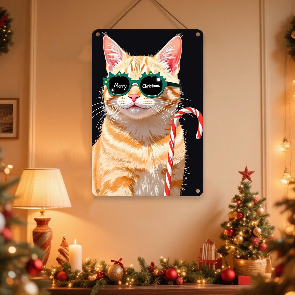 Pancarte métallique Chat de Noël drôle | Décoration pour amoureux des animaux de compagnie des Fêtes