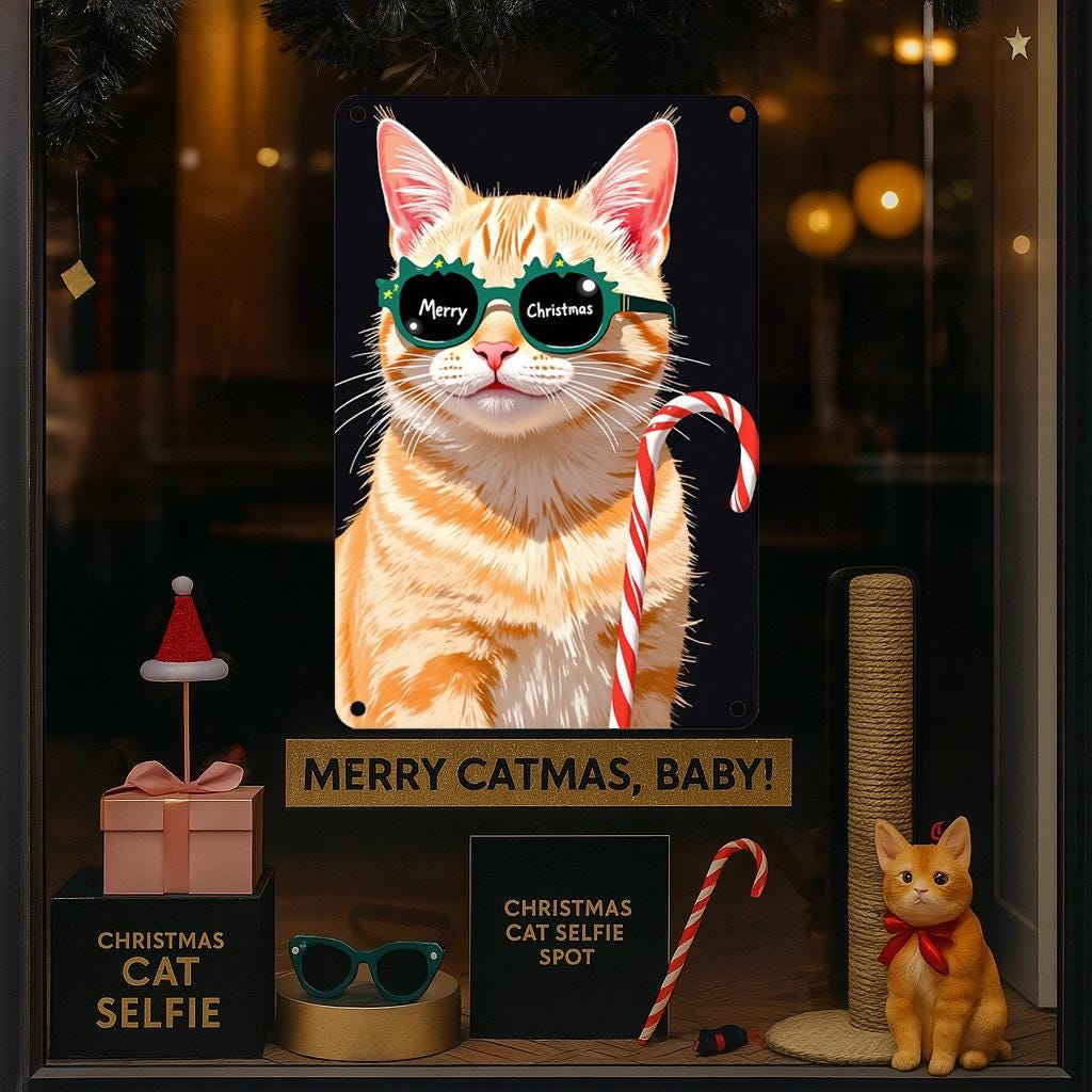 Pancarte métallique Chat de Noël drôle | Décoration pour amoureux des animaux de compagnie des Fêtes