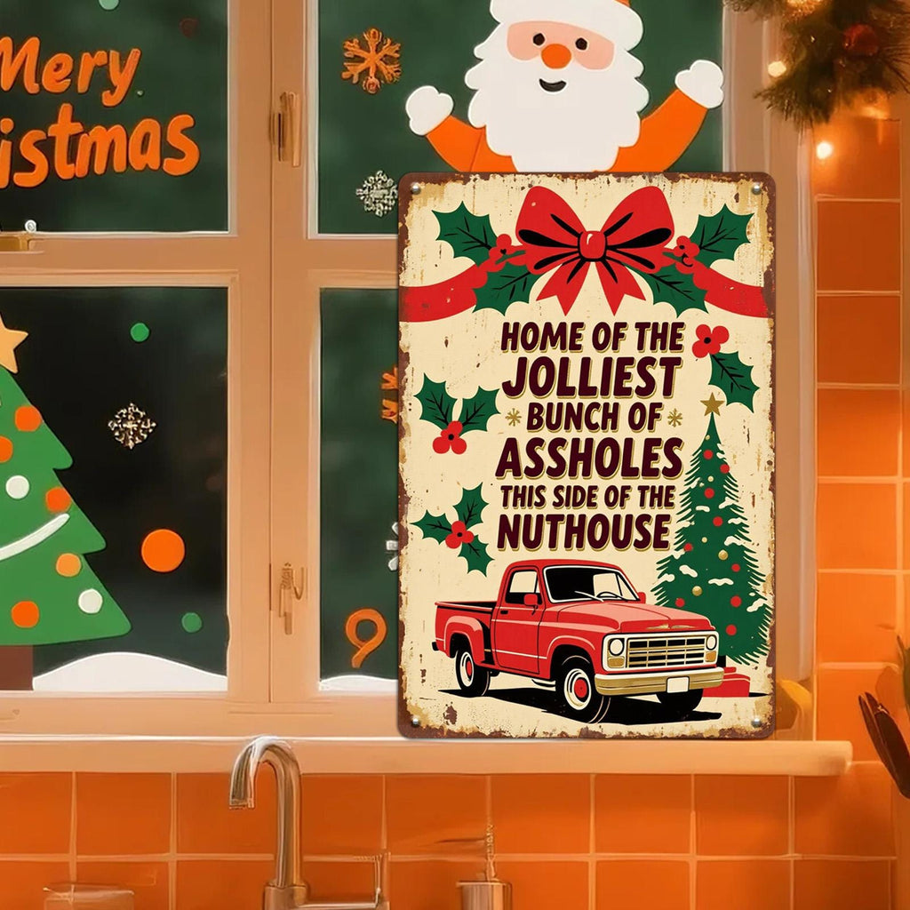 Vintage Christmas Metal Sign: Red Truck, Holly - "Home of the Jolliest Bunch"