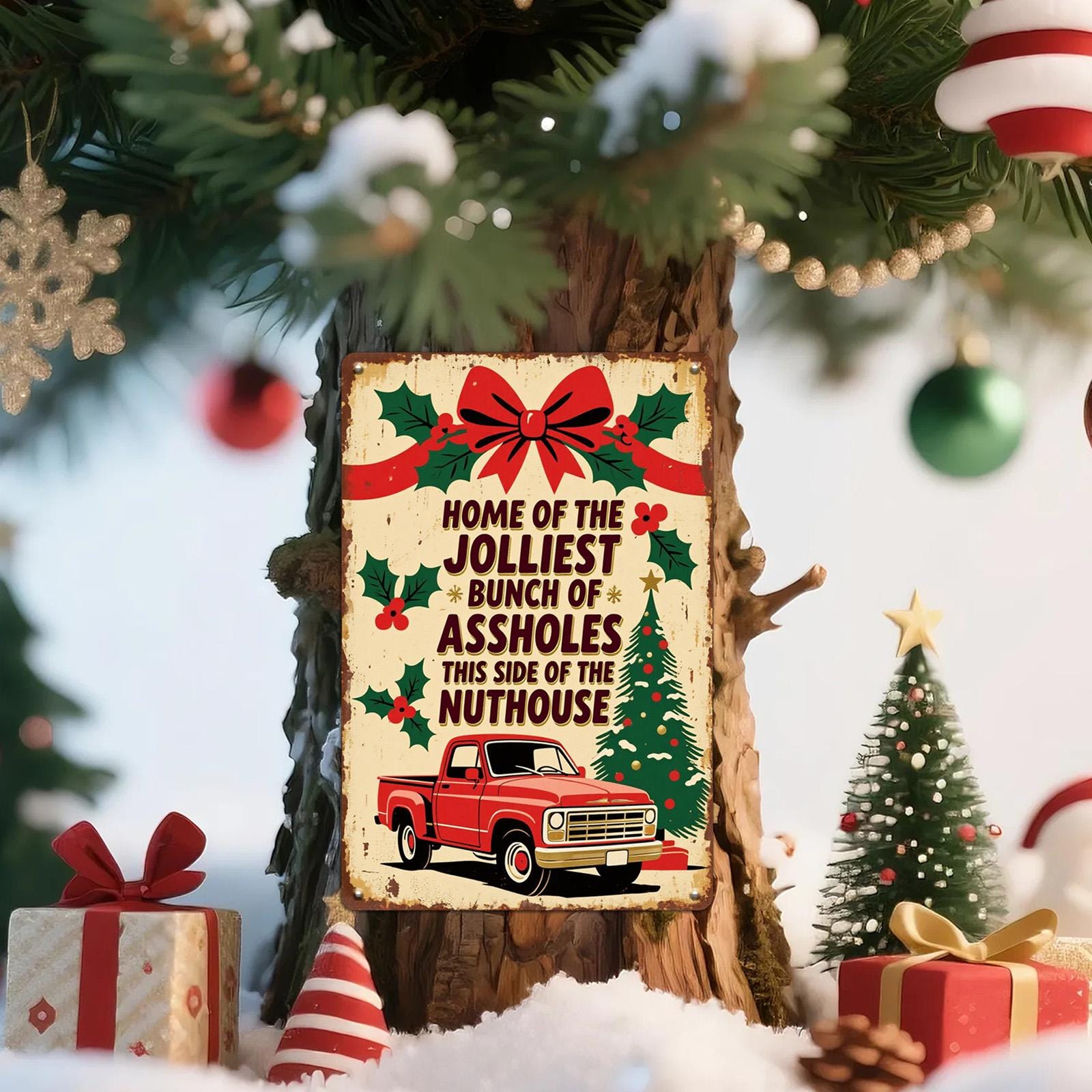 Vintage Christmas Metal Sign: Red Truck, Holly - "Home of the Jolliest Bunch"