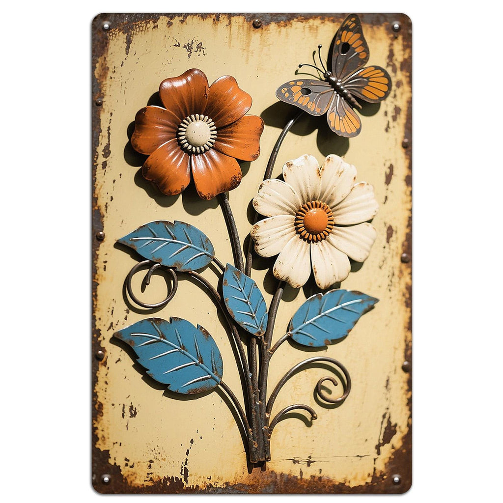 Décoration murale vintage en métal avec fleurs | Décoration papillon rustique | Panneau en étain 20x30 cm